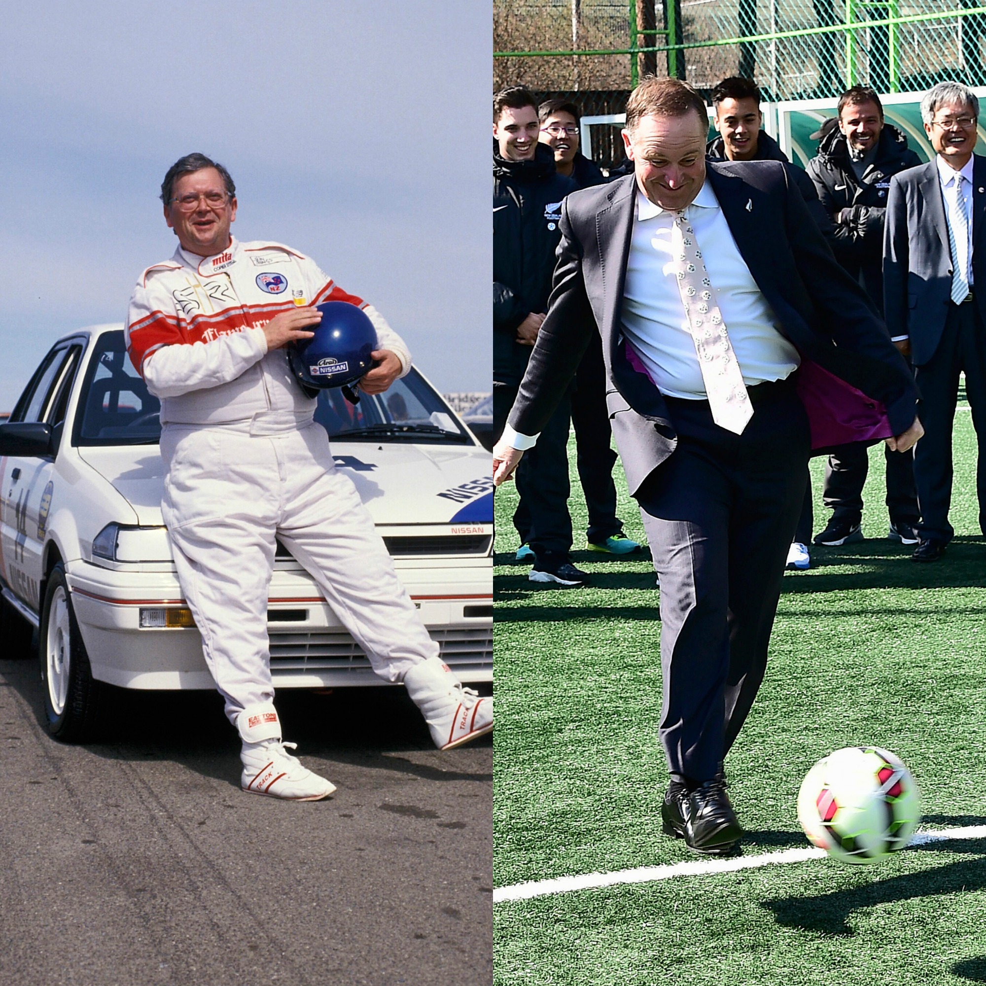 Above left: In Seoul to mark the signing of the New Zealand-South Korea Free Trade Agreement last March. Key shows off his fancy footwork at a soccer clinic held by the All Whites for local students. Above right: Prime Minister David Lange lines up for the Celebrity Race at the 1987 Adelaide Formula One Grand Prix. 