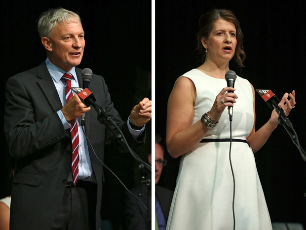 Mayoral candidates Phil Goff and Vic Crone address the first public meeting of the mayoral campaign, in Ellerslie in February. the election is in October.