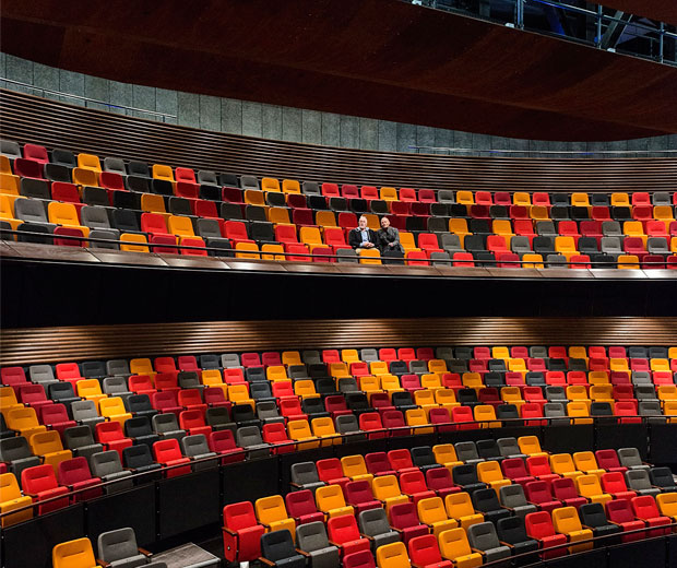 ASB Waterfront theatre exterior (above, photographed prior to the Leo villareal artwork being installed), auditorium and public walkways.