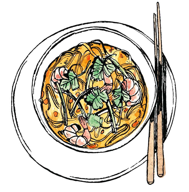 Illustration of bowl of laksa, by Henrietta Harris