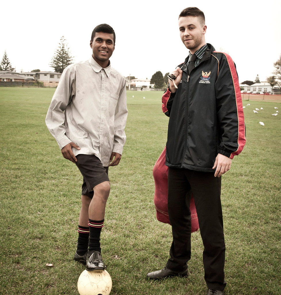 Mt Roskill Grammar 1st XI football captain Santosh Singh (left) and coach Callum Christopher