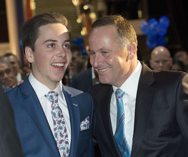 Prime Minister John Key with Max, then 19, on election night 2014. 