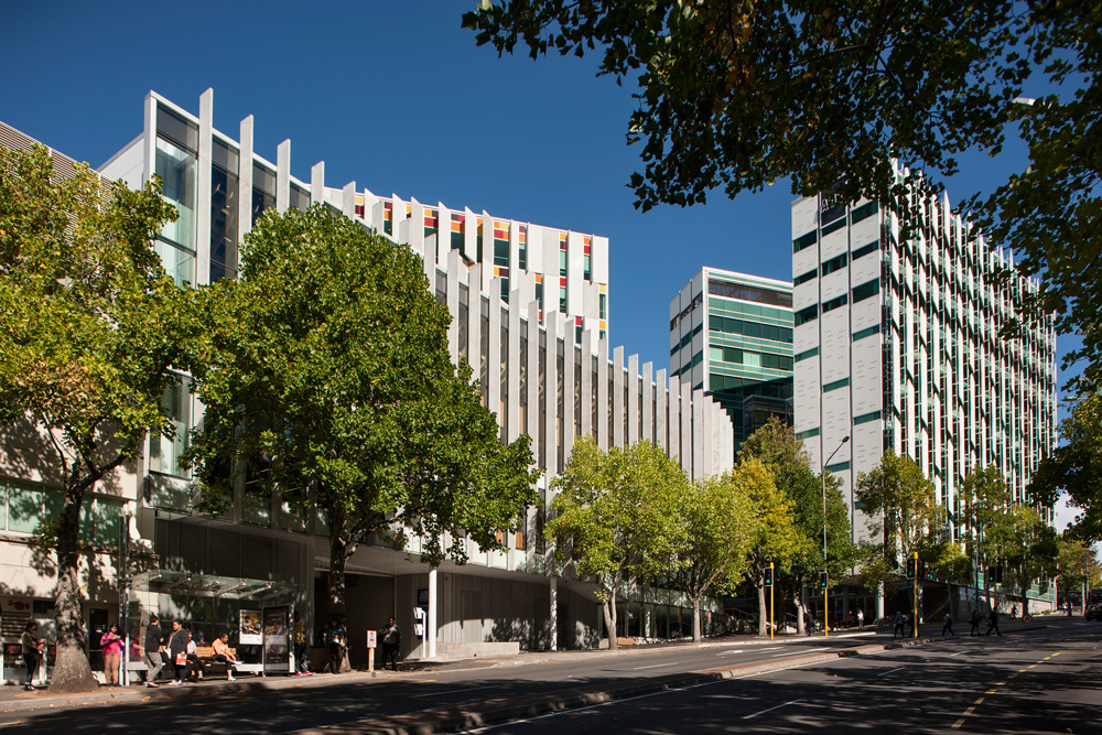 AUT’s Governor Fitzroy Plaza (top) and the streetscape of university buildings as seen from Wakefield St Van Bohemen says Jasmax's AUT buildings work at street level as well as on the skyline.