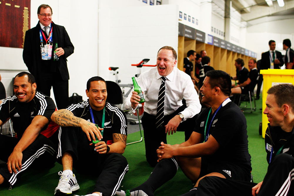 Celebrating the Rugby World Cup victory with the All Blacks in 2011.