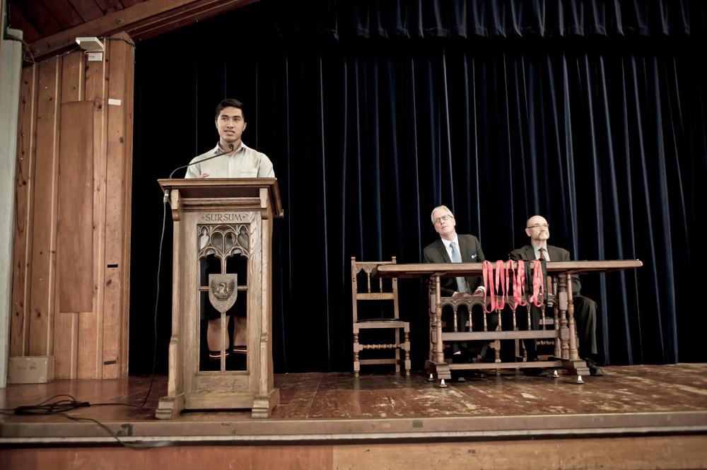 Prefect Junior Kasiano addresses the Mt Roskill assembly