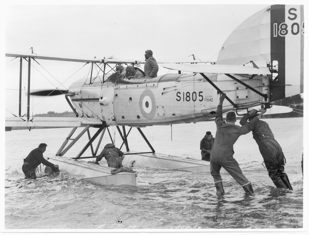 The Fairey IIIF floatplane at Hobsonville Air Base. Wallingford is in the pilot's cockpit.