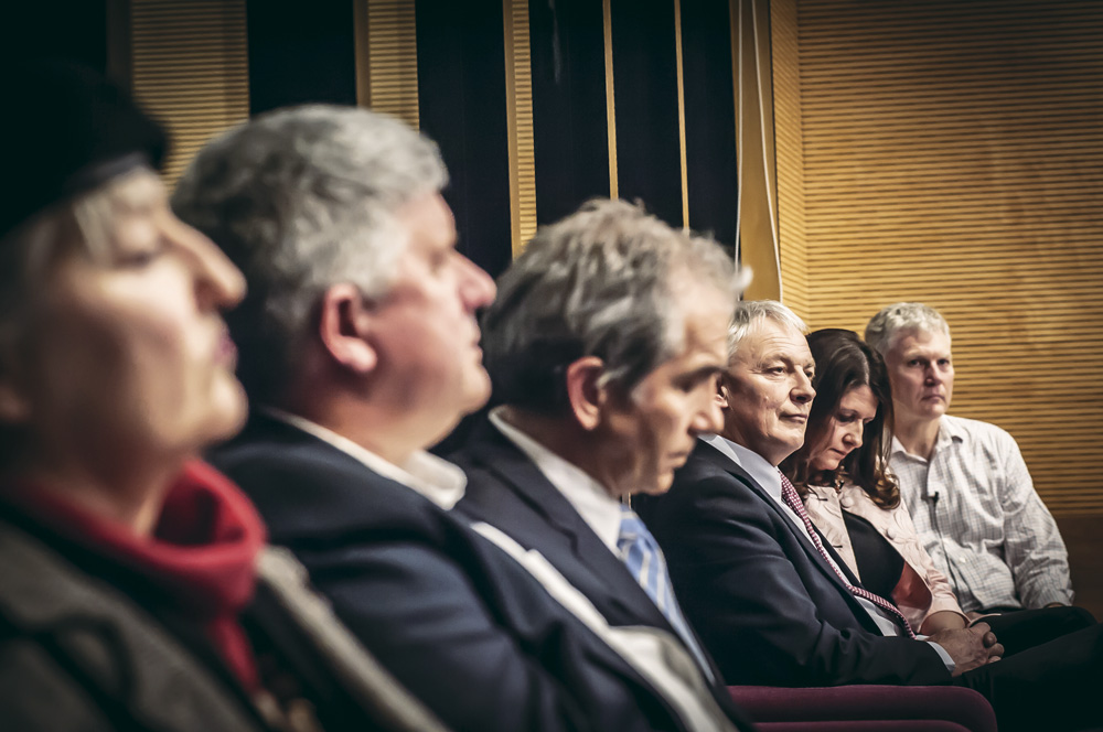 Mayoral candidates at the St Heliers debate — from left, Penny Bright, David Hay, John Palino, Goff and Crone — with meeting chair Don Stock.