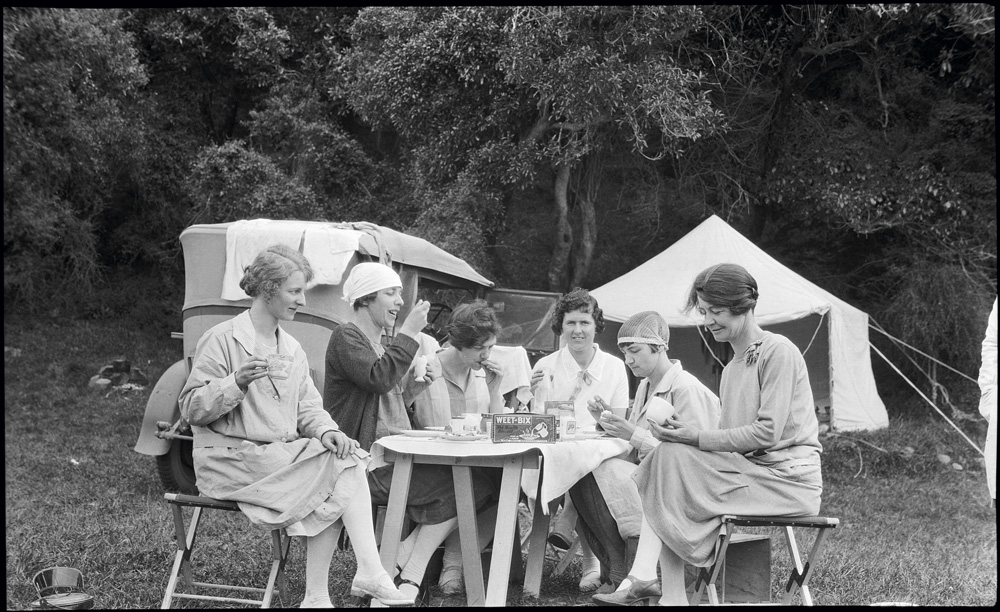 Camp breakfast with Weet-bix, and tea in china cups, 1939.