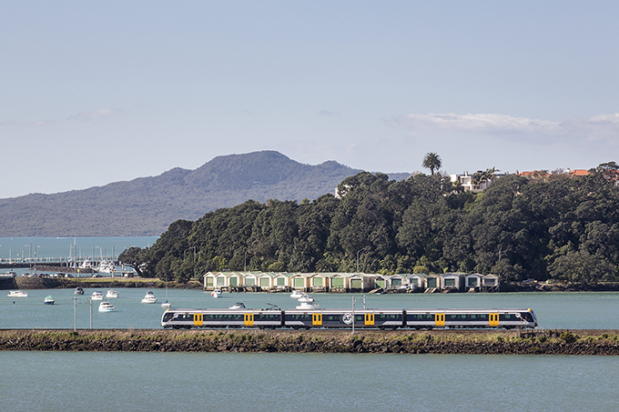 Crossing the Orakei Basin by electric train.