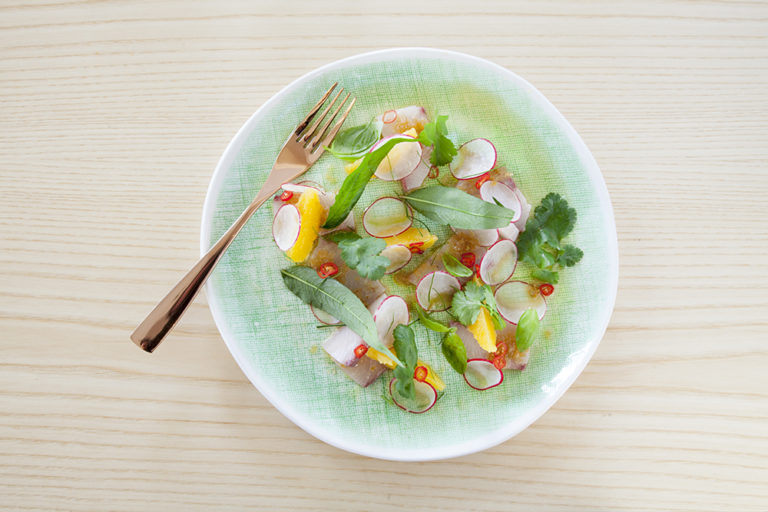 Tiradito salad with kingfish, apple, grapefruit, radish and chilli