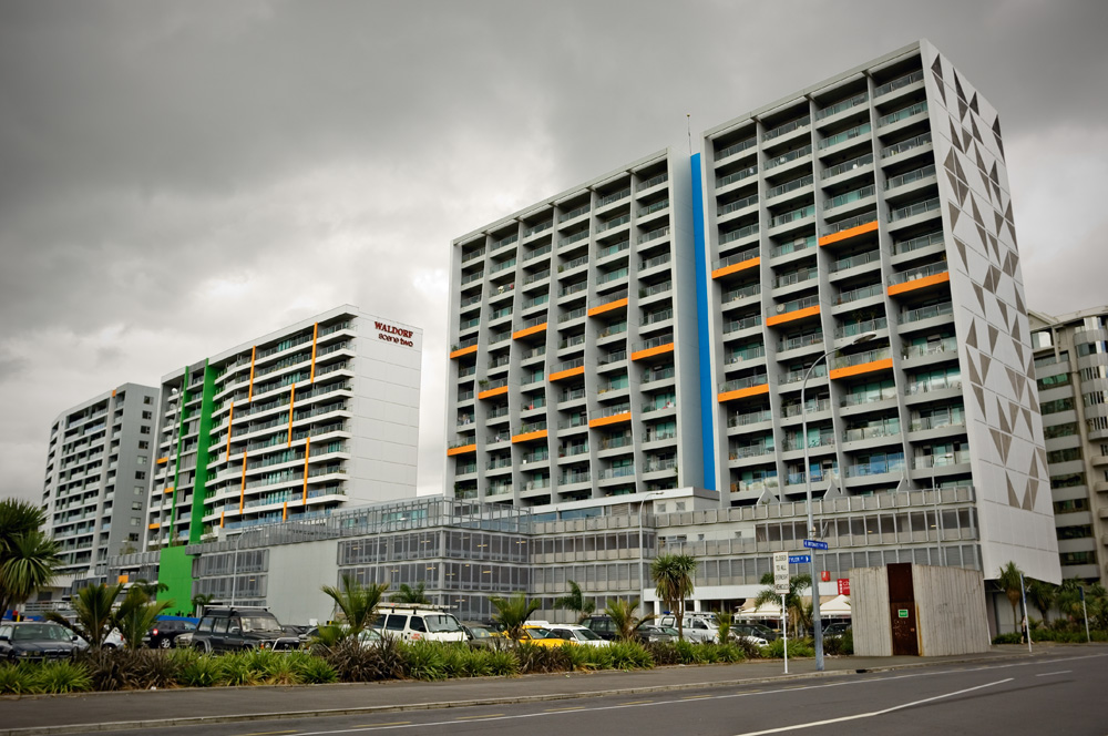 The fruits of laissez-faire planning: the Scene Apartments on Beach Rd, with carparks on the first three floors.