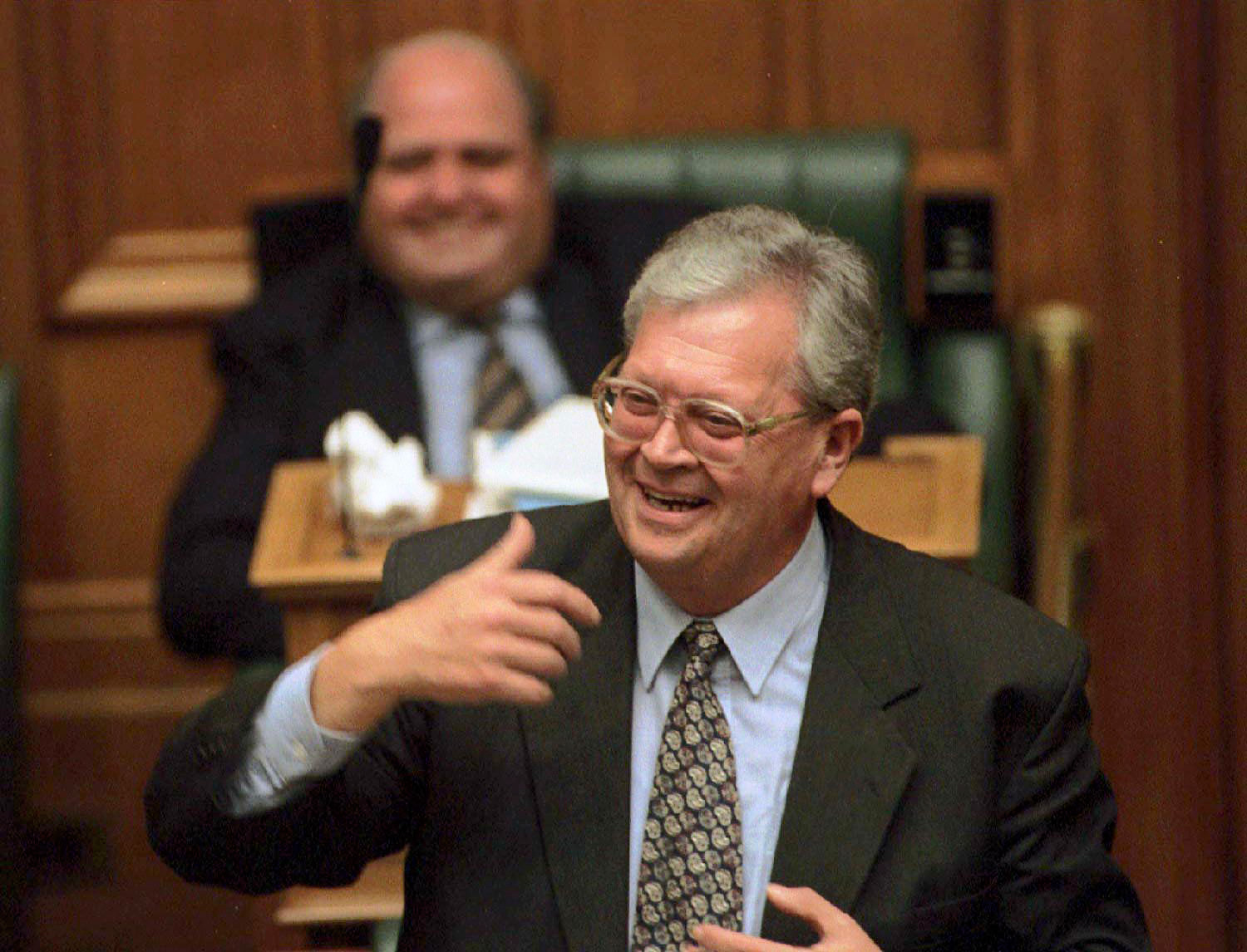 Former prime minister David Lange gives his valedictory speech in parliament. Photo: Getty.