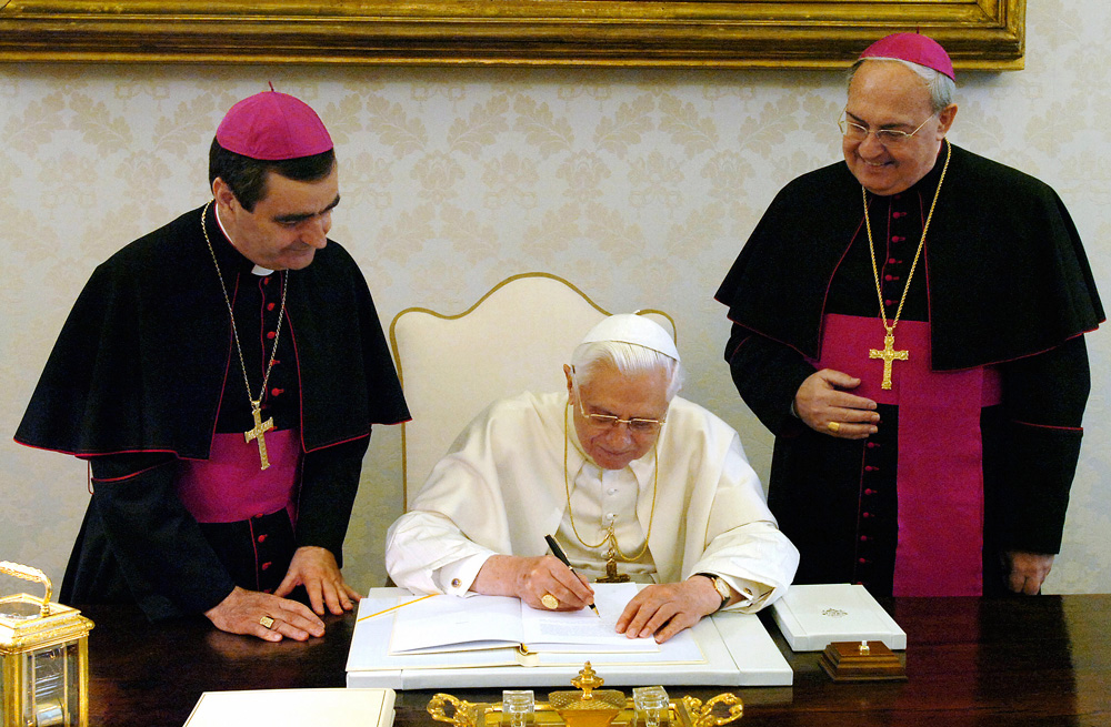 In 2007, Pope Benedict XVI signed an apostolic exhortation at the Vatican in which he decreed celibacy remained obligatory for priests. He also urged Catholic lawmakers to oppose laws favouring divorce, abortion and euthanasia. Photo: Getty .