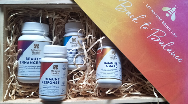 Manuka Heath -beauty enhancer, immune response, immune guard and vision shield gift box. Photo: Colin Mathura-Jeffree