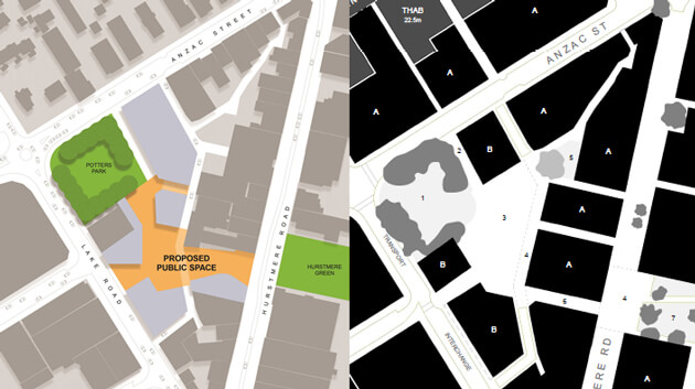 The two competing plans side by side, with Panuku's on the left and the Reid Plan on the right.