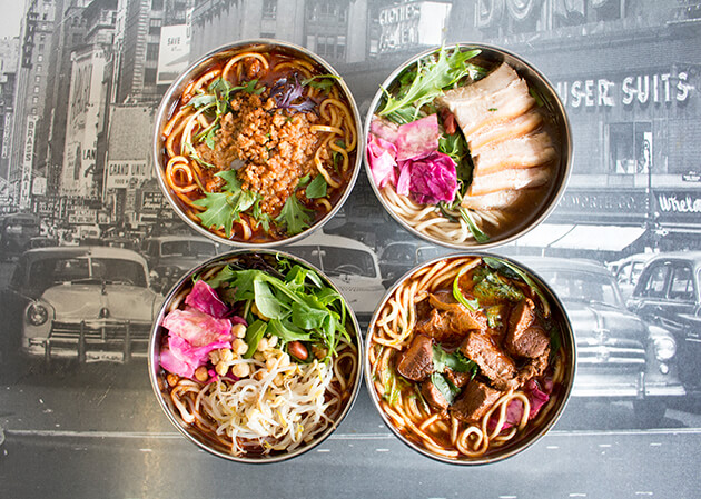 Bowls of noodles at Eden Noodles, including Dan Dan, top left. (Photo: William Chen)