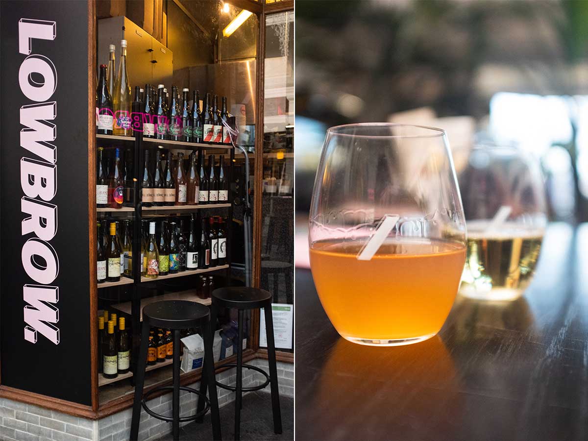 Lowbrow's window displays their natural wines, left, and a glass of Amoise Skin-Fermented Pinot Gris.