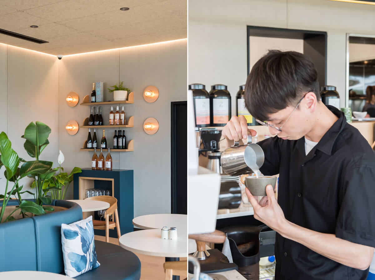 Fields fit-out is by Material Creative (left), and the cafe's head barista pouring a coffee. Photos: Rebekah Robinson