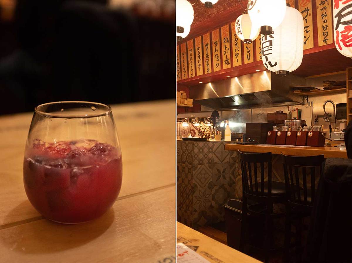 The 'Princess of Cassis' cocktail and the bar at Japanese Lantern Street Bar
